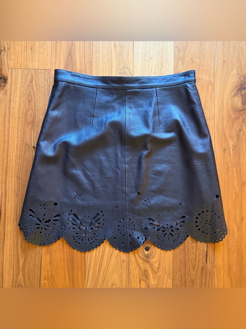 Black Lamb Leather Scallop-Hem Skirt with laser cutouts